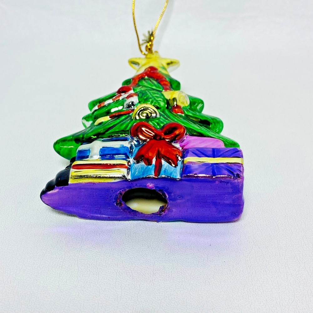 Ceramic Metallic Hand Painted Christmas Tree Presents 3.25" Holiday Ribbon Bells - Picture 3 of 4